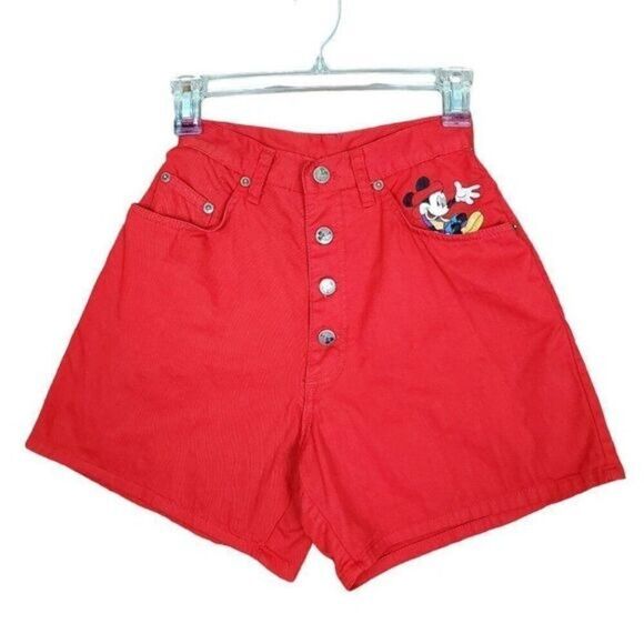 Vtg Mickey Mouse Unlimited Jerry Leigh Red Button Fly High Rise Denim Jean Short - Picture 1 of 10